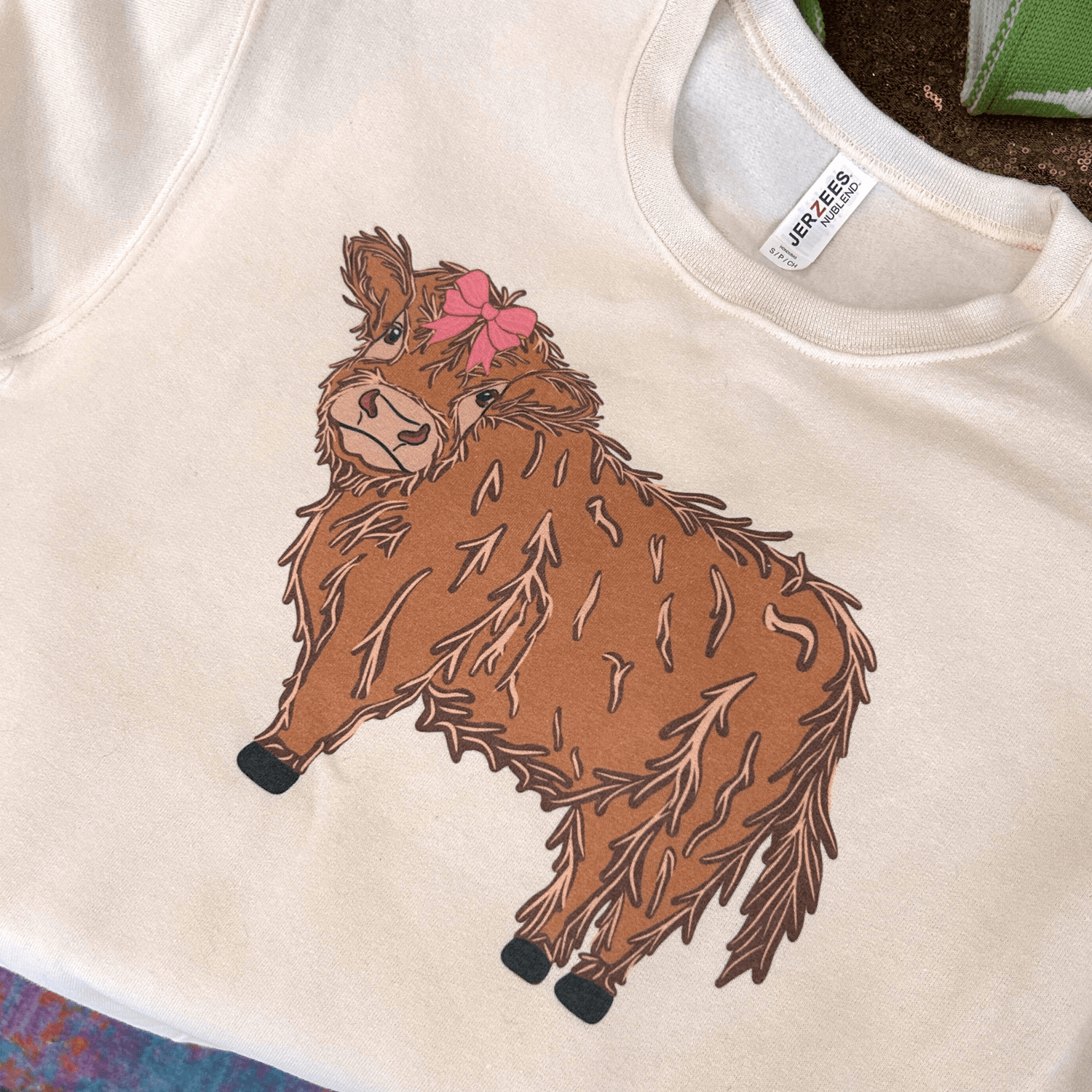 Pink Bow Highland Cow Crewneck - The Sassy Olive