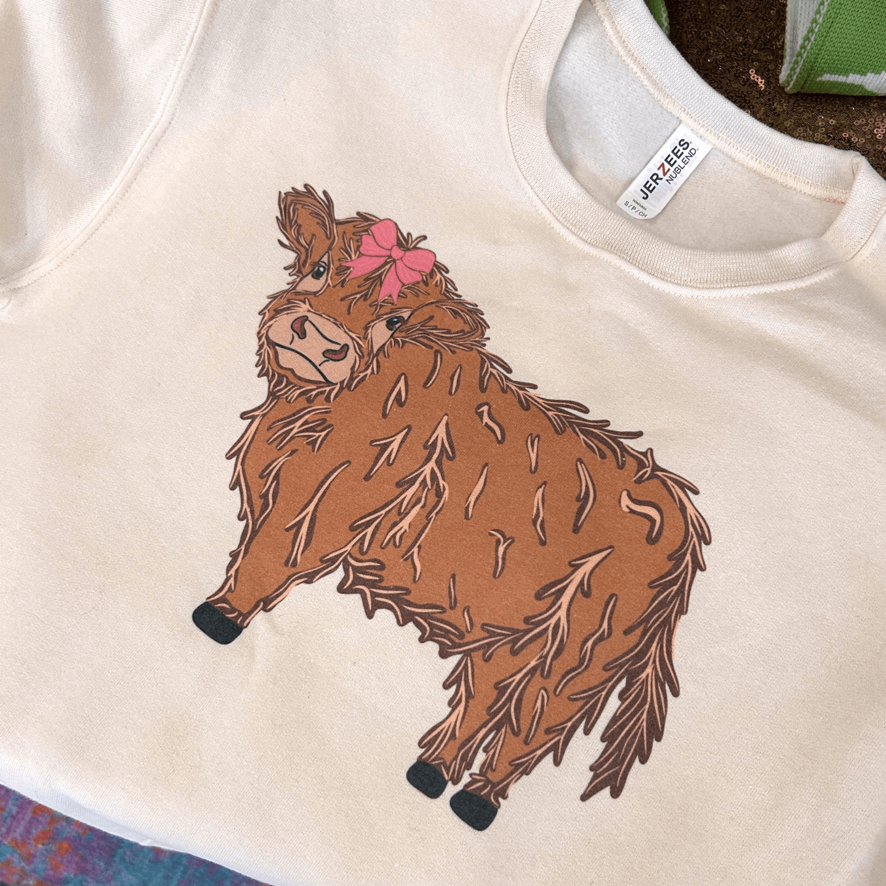 Pink Bow Highland Cow Crewneck - The Sassy Olive